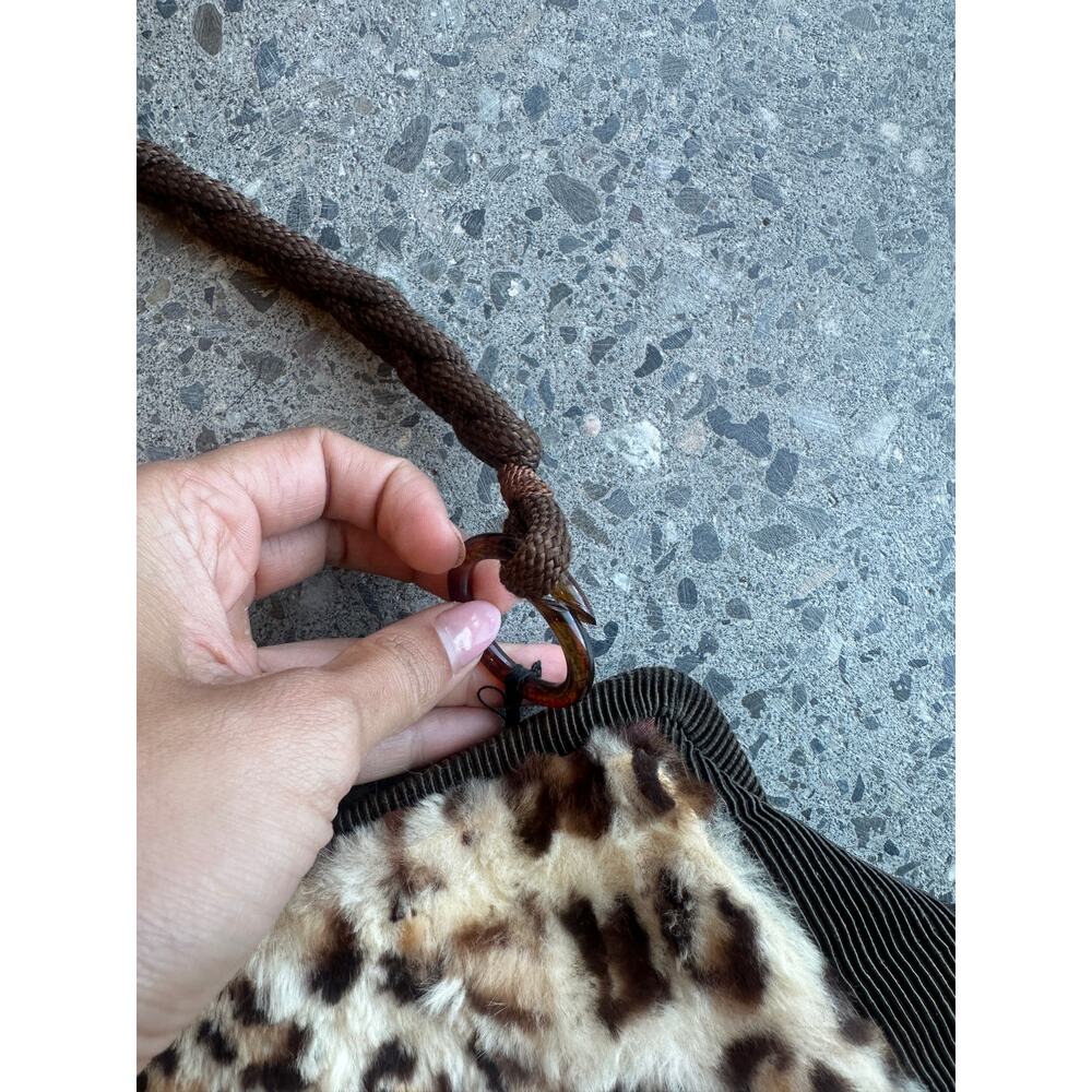 Vintage Leopard Print Fur Purse Brown Rope Handle Y2K Glam Clutch - Picture 3 of 5